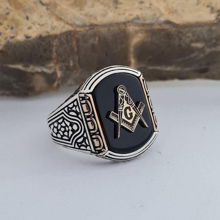 Master Mason Blue Lodge Ring - Handmade Sterling Silver Onyx - Bricks Masons
