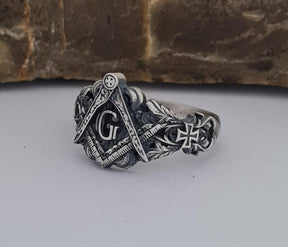 Master Mason Blue Lodge Ring - Handcrafted Sterling Silver Gothic Templar Cross - Bricks Masons