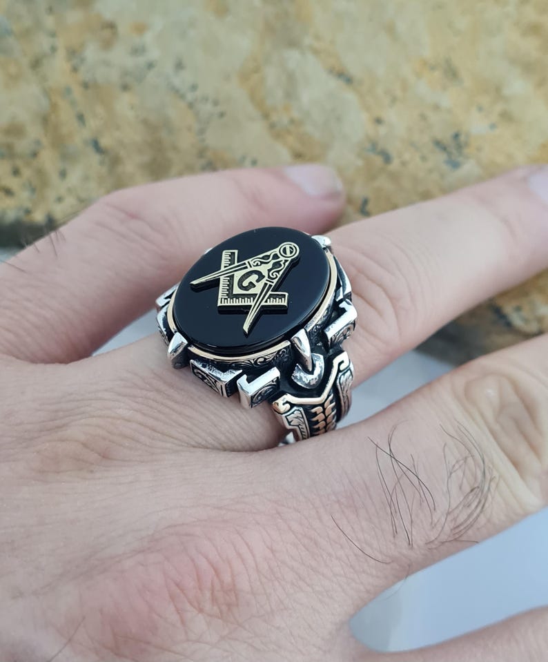 Master Mason Blue Lodge Ring - Handmade Sterling Silver Black Onyx - Bricks Masons