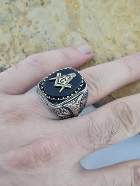Master Mason Blue Lodge Ring - Handmade Sterling Silver Black Onyx - Bricks Masons