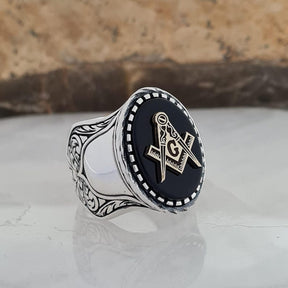 Master Mason Blue Lodge Ring - Handmade Sterling Silver Masonic Ring: Black Onyx - Bricks Masons