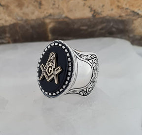 Master Mason Blue Lodge Ring - Handmade Sterling Silver Masonic Ring: Black Onyx - Bricks Masons