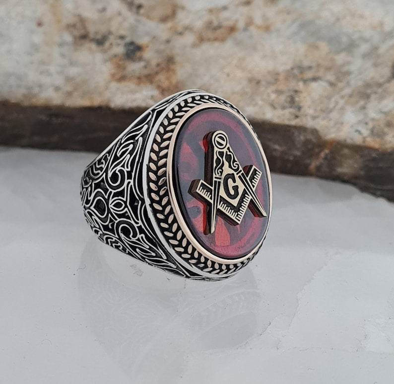 Master Mason Blue Lodge Ring - Handmade Sterling Silver Onyx - Bricks Masons
