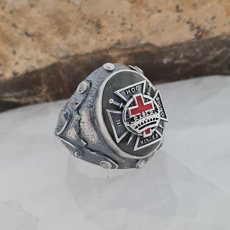 Sterling Silver Knights Templar Ring with Labradorite – In Hoc Signo Vinces Cross - Bricks Masons