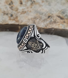 Master Mason Blue Lodge Ring - Handcrafted Sterling Silver Lapis Lazuli Stone - Bricks Masons
