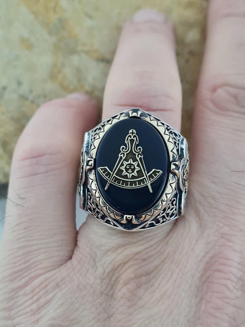 Master Mason Blue Lodge Ring - Handmade Sterling Silver Zircon Sapphire - Bricks Masons
