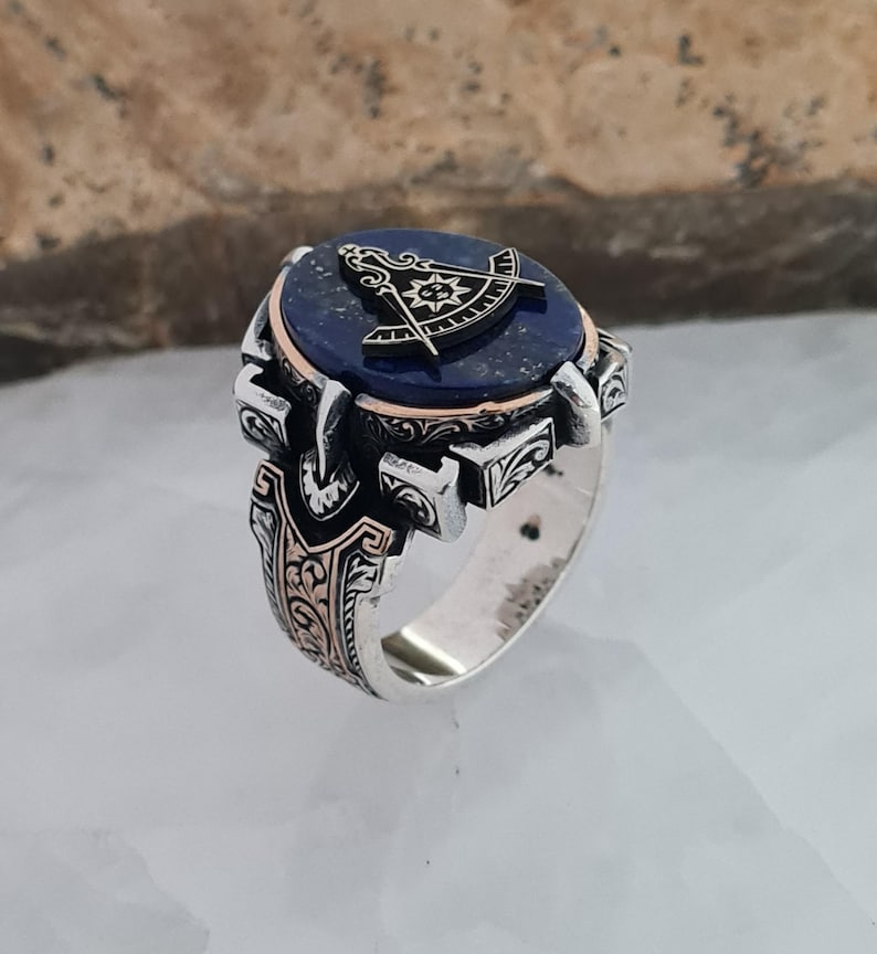Master Mason Blue Lodge Ring - Handmade Sterling Silver Lapis Lazuli - Bricks Masons