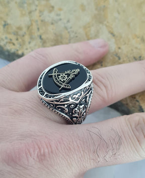 Master Mason Blue Lodge Ring - Sterling Silver Black Onyx - Bricks Masons