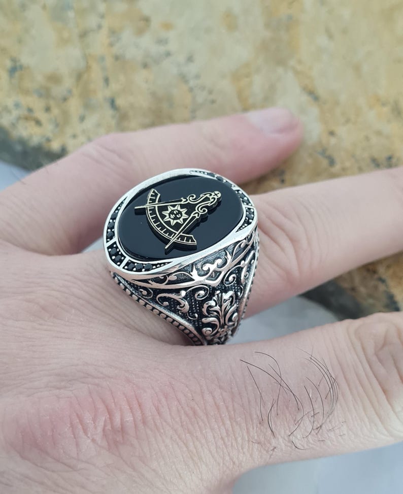 Master Mason Blue Lodge Ring - Sterling Silver Black Onyx - Bricks Masons