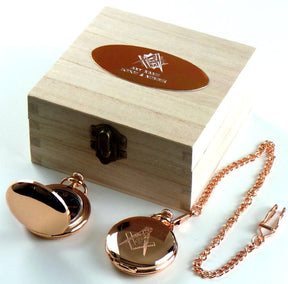 Master Mason Blue Lodge Pocket Watch - Custom Engraved 18k Rose Gold Full Hunter Emblem - Bricks Masons