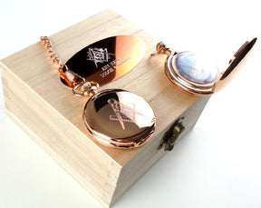 Master Mason Blue Lodge Pocket Watch - Custom Engraved 18k Rose Gold Full Hunter Emblem - Bricks Masons