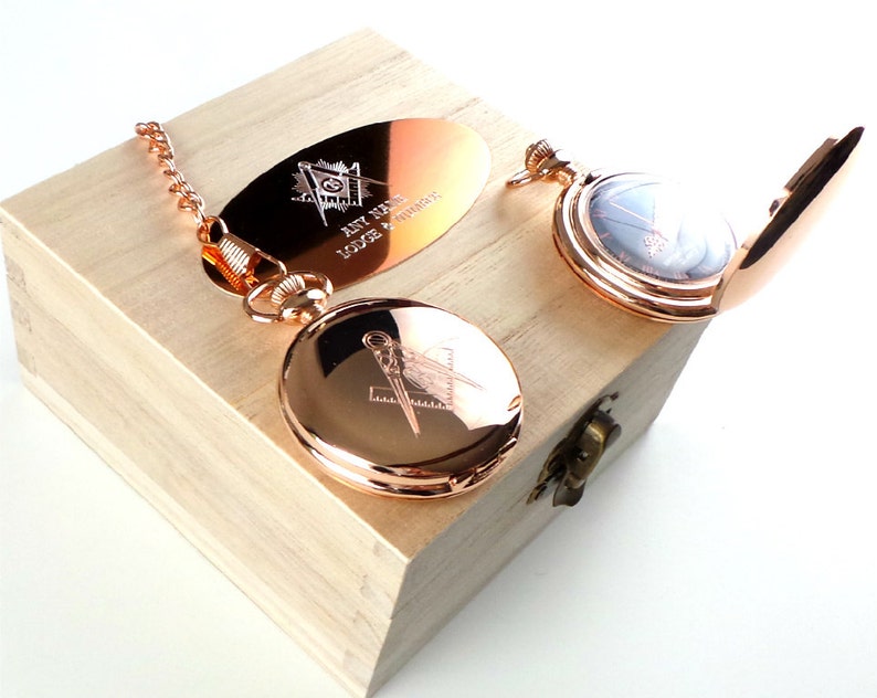 Master Mason Blue Lodge Pocket Watch - Custom Engraved 18k Rose Gold Full Hunter Emblem - Bricks Masons