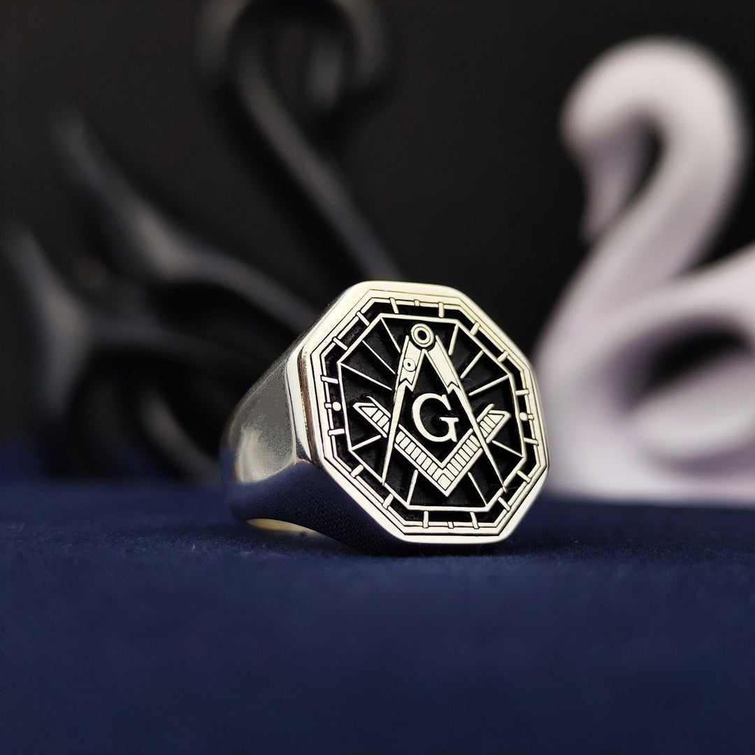 Master Mason Blue Lodge Ring - Black & Silver Handcrafted Square & Compass G - Bricks Masons