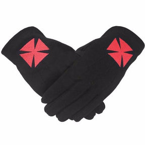 Knights Templar Commandery Gloves - Black Cotton with Red Nordic Cross - Bricks Masons