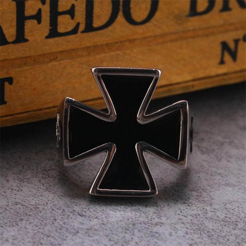 Knights Templar Ring - 25mm Stainless Steel Black Cross - Bricks Masons