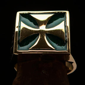 Knights Templar Ring - Green & Gold Solid Brass With Cross - Bricks Masons