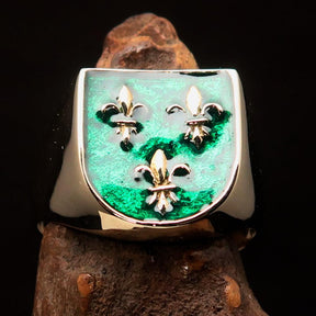 Knights Templar Ring - Green Knight Fleur De Lis Cross - Bricks Masons