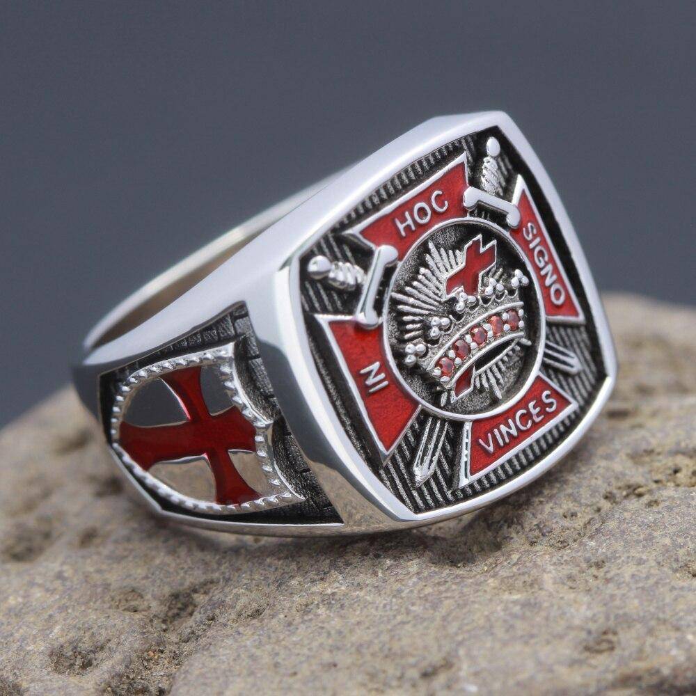 Knights Templar Ring - In Hoc Signo Vinces Sterling Silver - Bricks Masons
