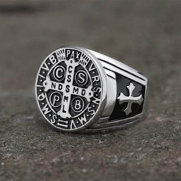 Knights Templar Ring - Saint Benedict Medal cssml ndsmd Black Silver - Bricks Masons