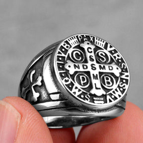 Knights Templar Ring - Saint Benedict Medal cssml ndsmd Black Silver - Bricks Masons