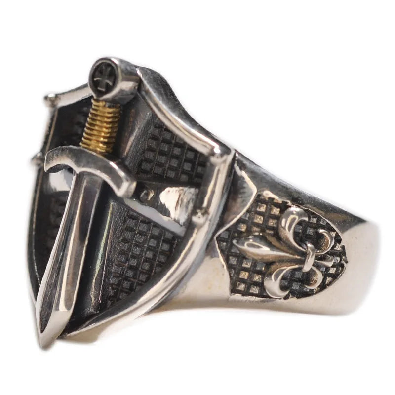 Knights Templar Ring - Silver Zinc Alloy Templar Sword & Shield - Bricks Masons