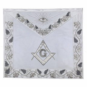 Master Mason Blue Lodge Apron - White Moire Ribbon with Silver Hand Embroidery - Bricks Masons