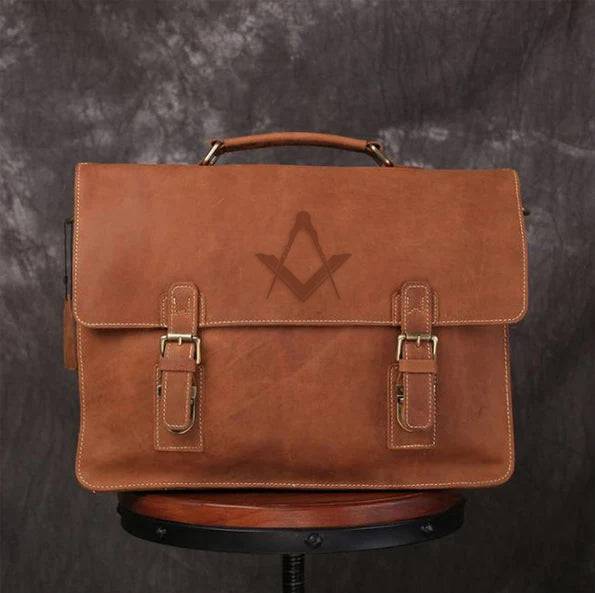 Master Mason Blue Lodge Briefcase - Handmade Leather - Bricks Masons