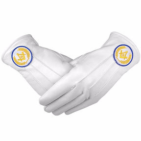 Master Mason Blue Lodge Gloves - White Leather with Yellow and Blue Square & Compass G - Bricks Masons