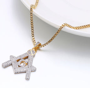 Master Mason Blue Lodge Necklace - Gold Plated Copper Zircon With Rhinestones - Bricks Masons