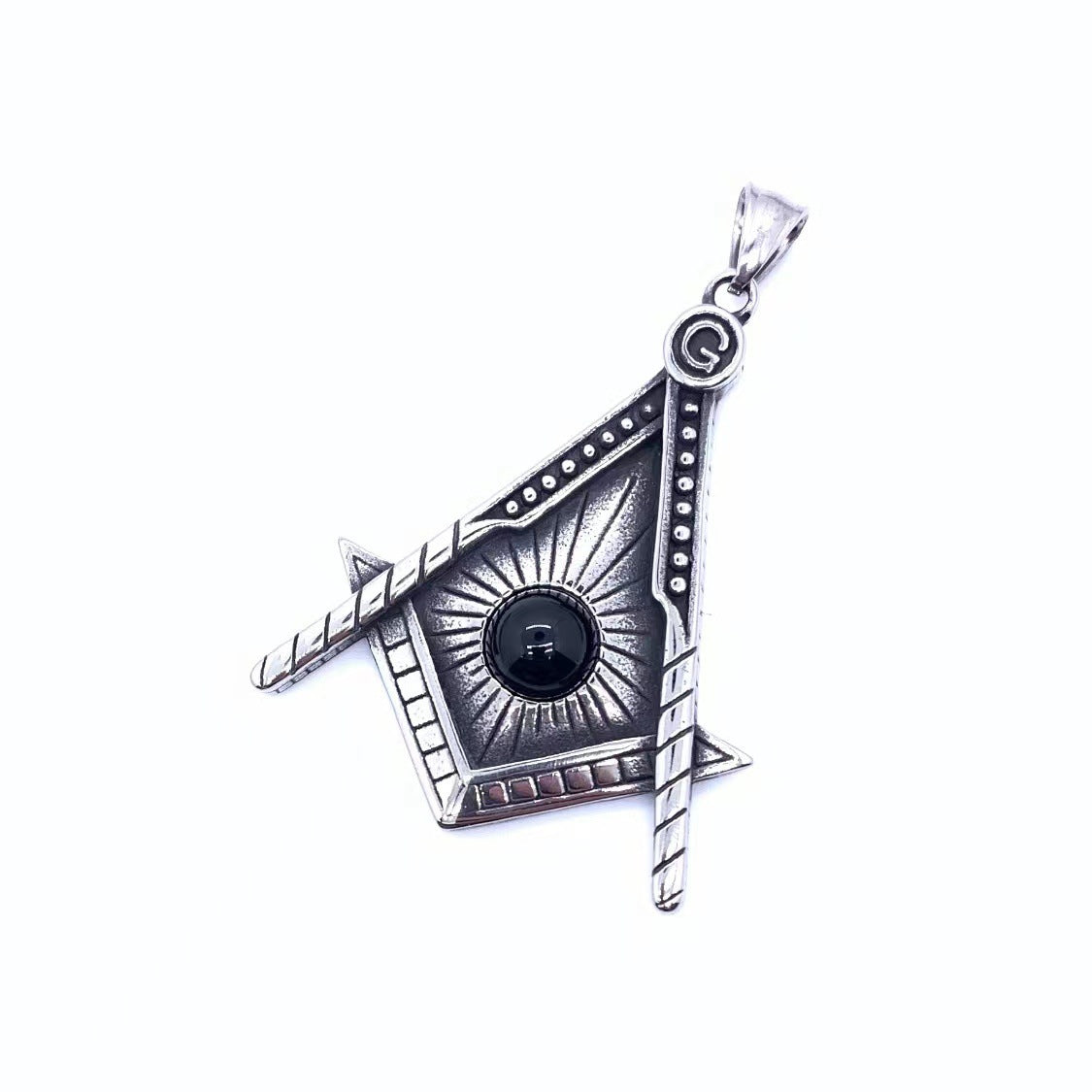 Master Mason Blue Lodge Pendant - Silver Titanium Steel Black Stone - Bricks Masons