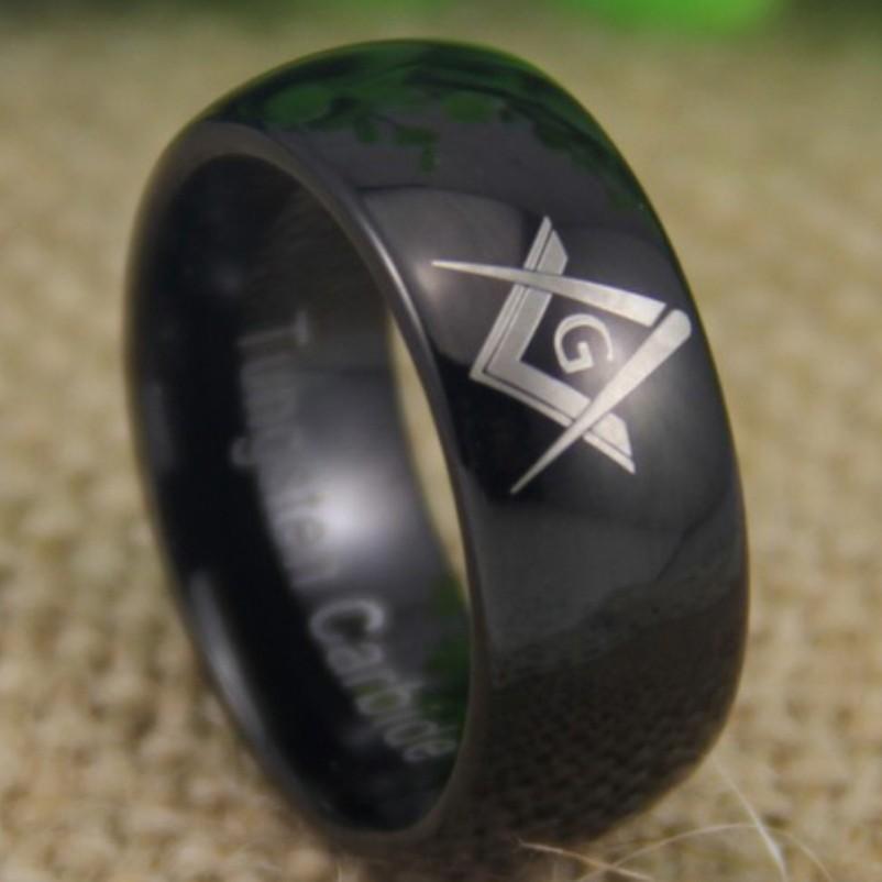 Master Mason Blue Lodge Ring - Black Dome Tungsten Personalizable - Bricks Masons