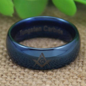 Master Mason Blue Lodge Ring - Blue Dome Tungsten Personalizable - Bricks Masons