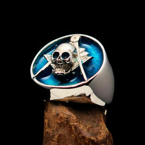 Master Mason Blue Lodge Ring - Blue Sterling Silver With Skull Square and Compass - Bricks Masons