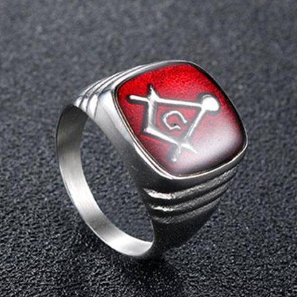 Master Mason Blue Lodge Ring - Casted Square & Compass G Red Stainless Steel - Bricks Masons