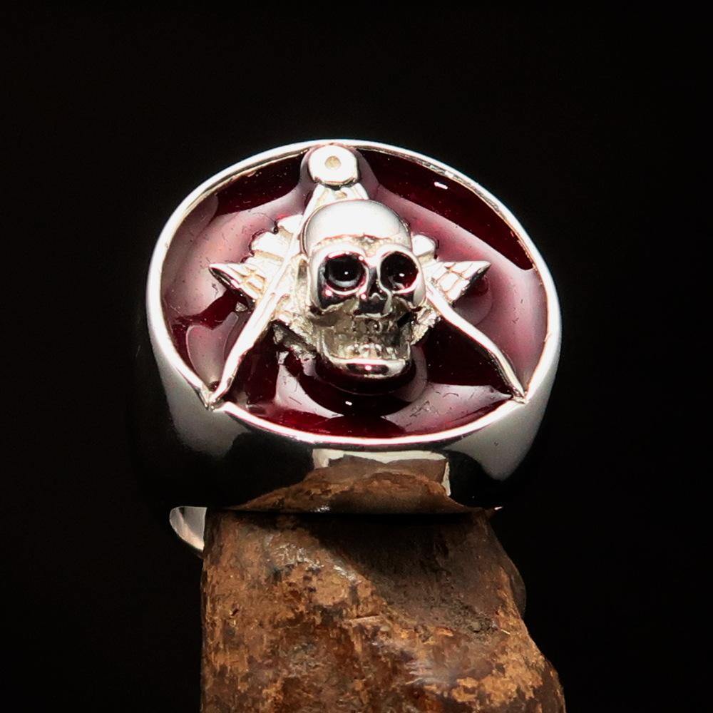 Master Mason Blue Lodge Ring - Red Sterling Silver With Skull Square Compass - Bricks Masons