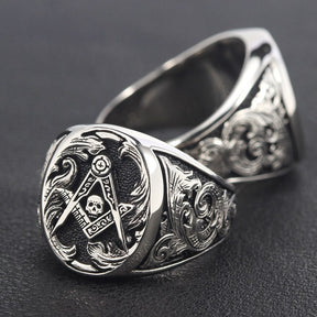 Master Mason Blue Lodge Ring - Signet Skull Square and Compass 925 Sterling Silver - Bricks Masons