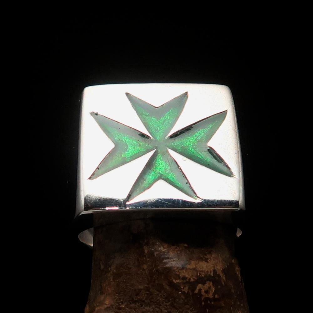 Order of Malta Ring - Green Cross Sterling Silver - Bricks Masons