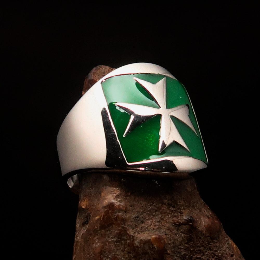 Order of Malta Ring - Silver & Green Sterling Silver Cross - Bricks Masons