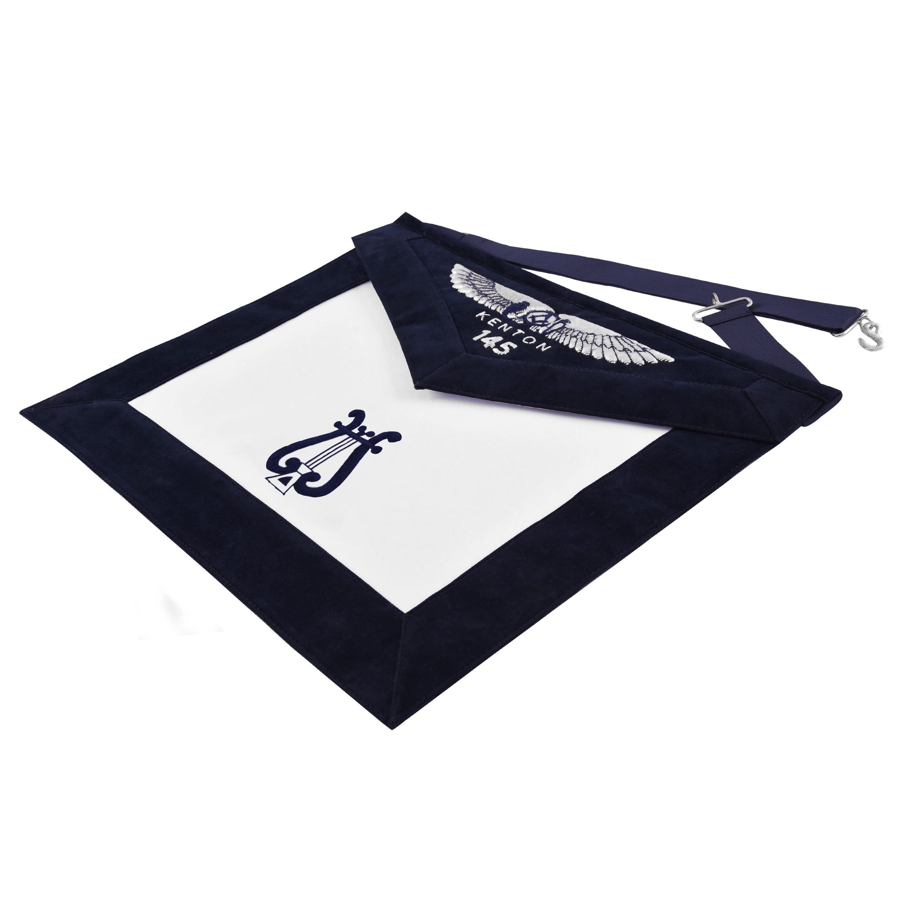 Organist Blue Lodge Officer Apron - Kenton Lodge Navy Velvet With Silver Embroidery Thread - Bricks Masons