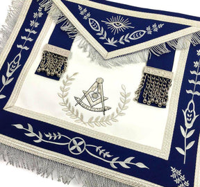 Past Master Blue Lodge Apron - White & Royal Blue with Silver Embroidery - Bricks Masons