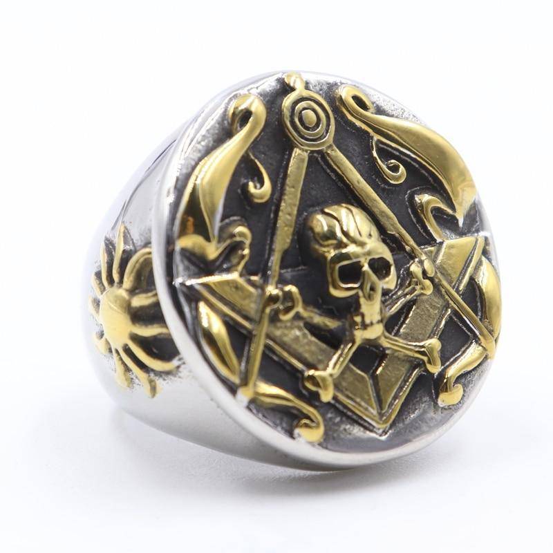 Widows Sons Ring - Skull Cross Bones and Compass with Golden Motif