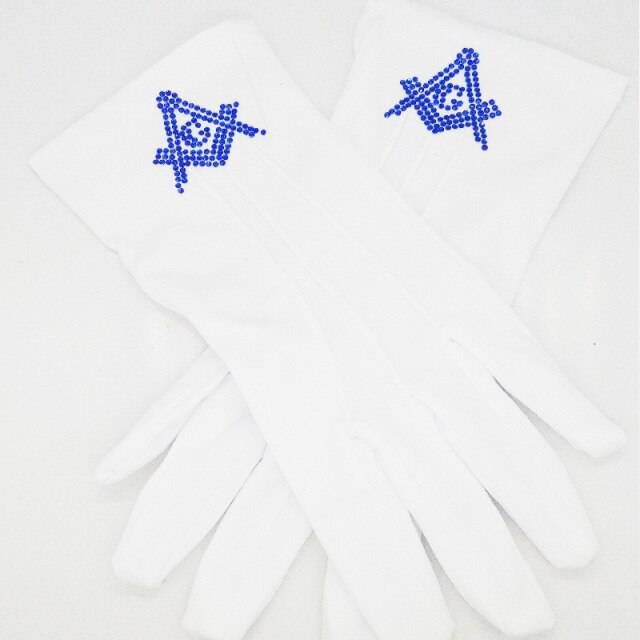 Master Mason Blue Lodge Gloves - Polyester With Square and Compass G Rhinestone