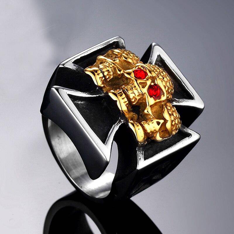 Knights Templar Commandery Ring - Triple Golden Skulls