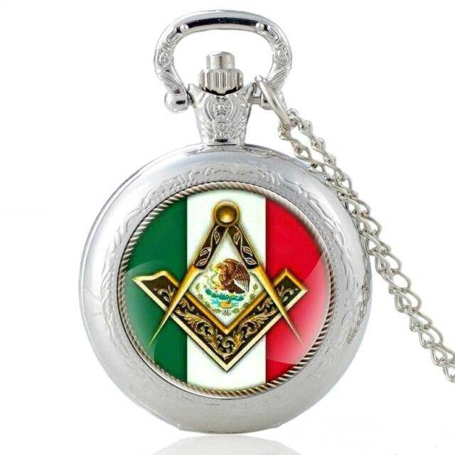 Master Mason Blue Lodge Pocket Watch - Compass & Square Mexico Flag Pocket