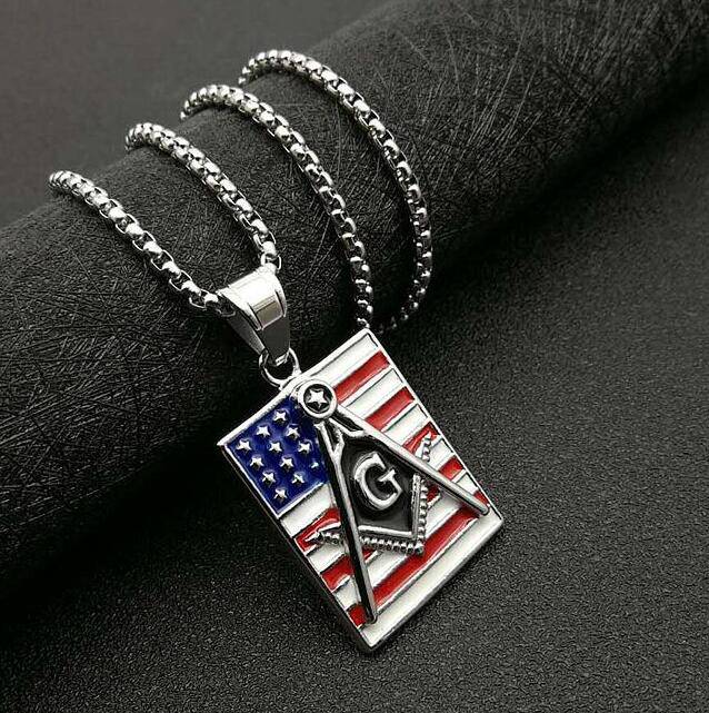 Master Mason Blue Lodge Necklace - American Flag Square & Compass G