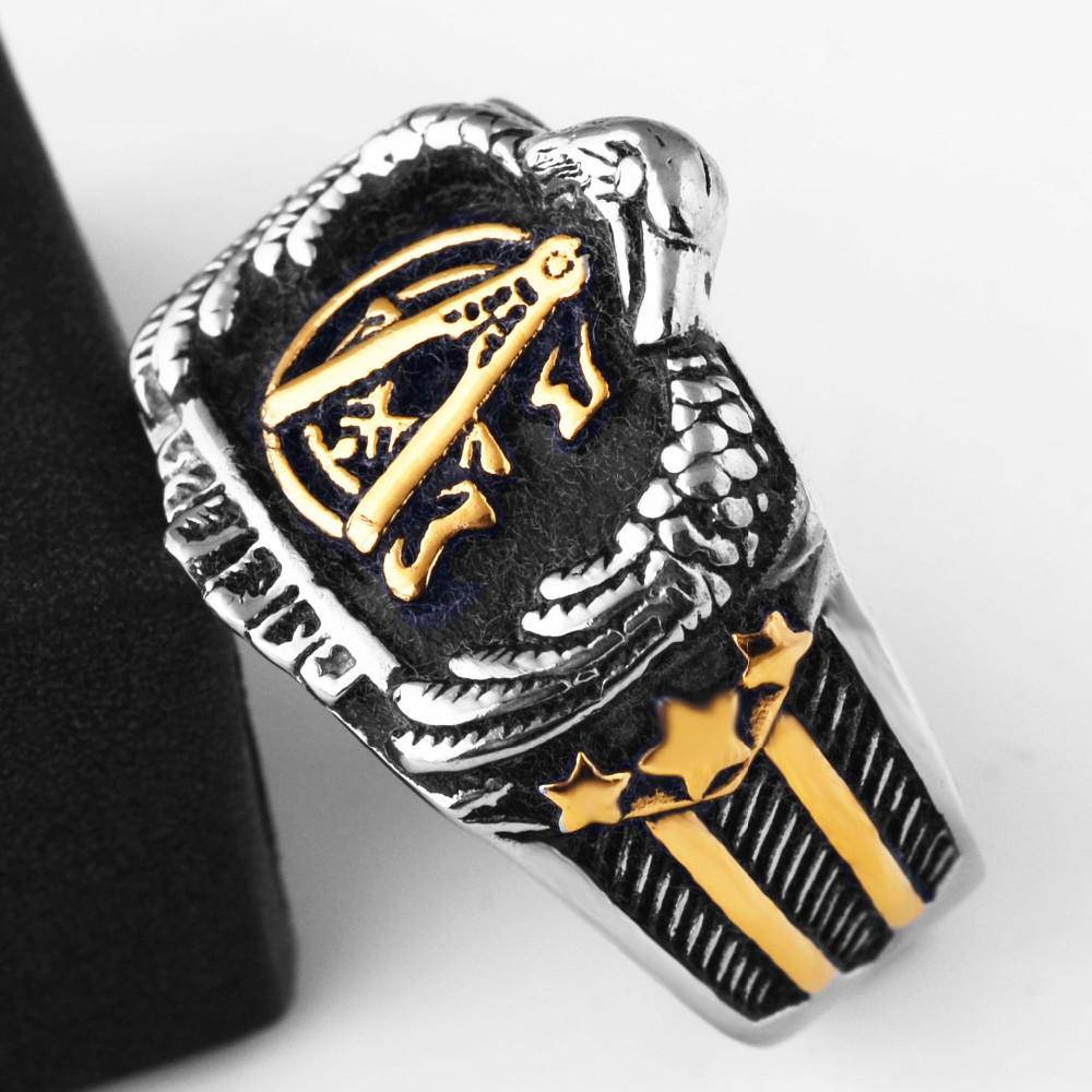 Master Mason Blue Lodge Ring - Eagle US Flag Golden