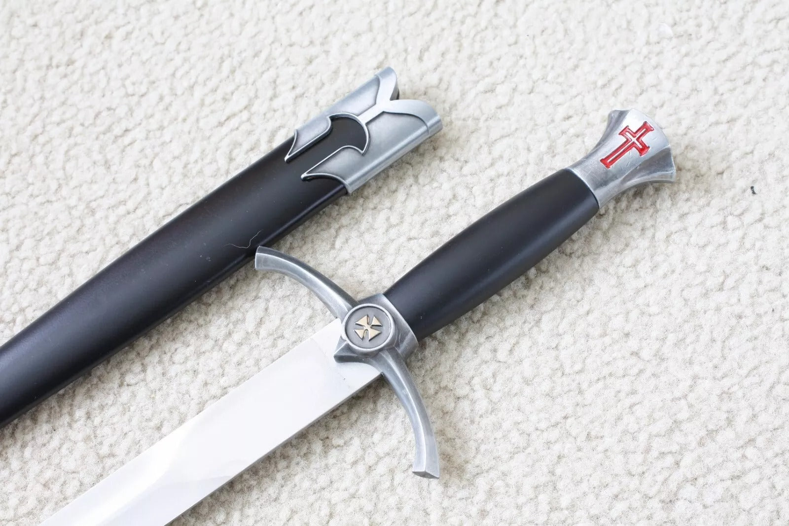 Knights Templar Sword - Silver Medieval Red Cross Crusader With Black Scabbard (15.4") - Bricks Masons
