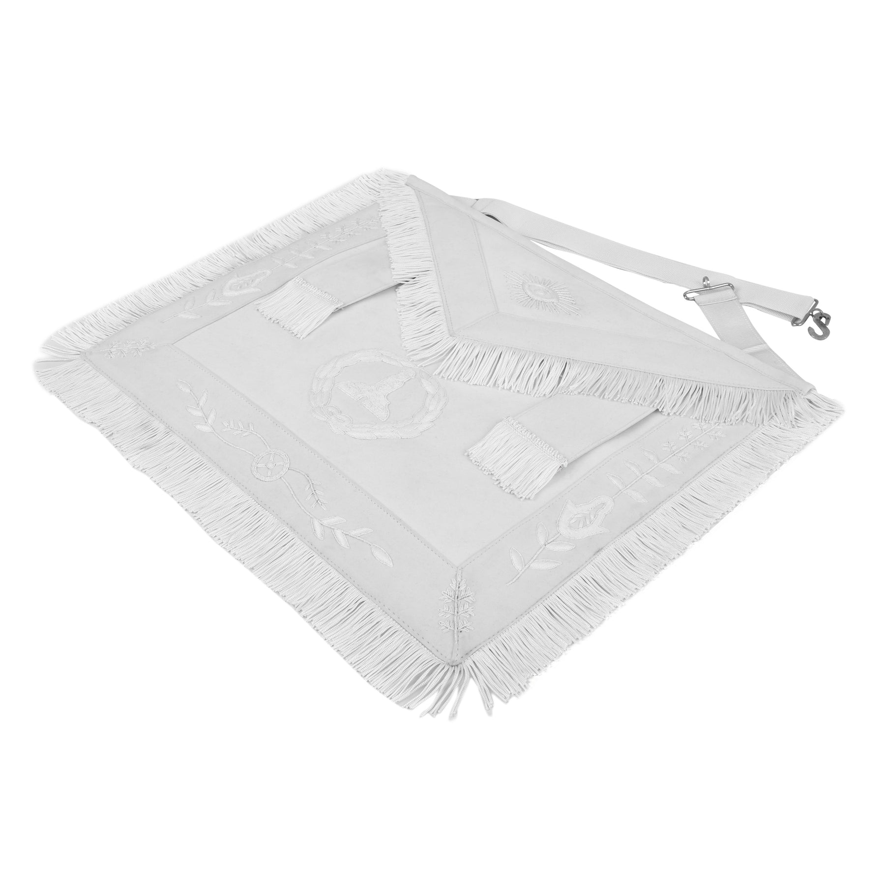 Senior Warden Blue Lodge Officer Apron - Hand Embroidery With White Fringe & Side Tabs - Bricks Masons