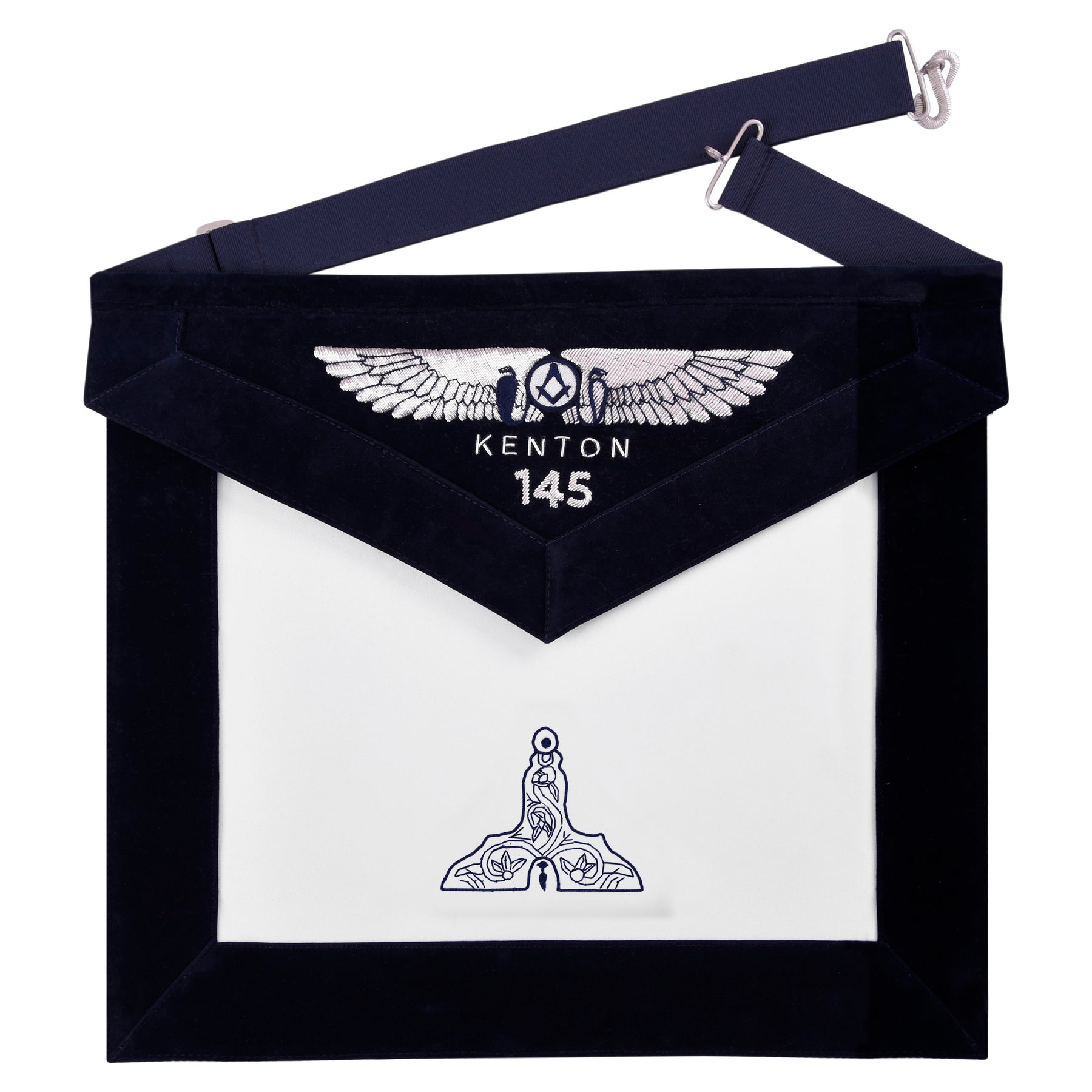 Senior Warden Blue Lodge Officer Apron - Kenton Lodge Navy Velvet With Silver Embroidery Thread - Bricks Masons