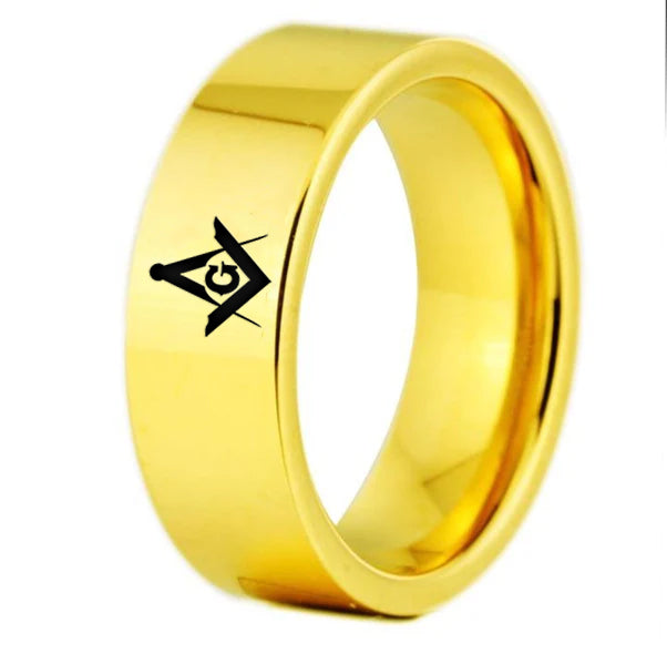 Master Mason Blue Lodge Ring - Gold Color Pipe Cut Tungsten - Bricks Masons